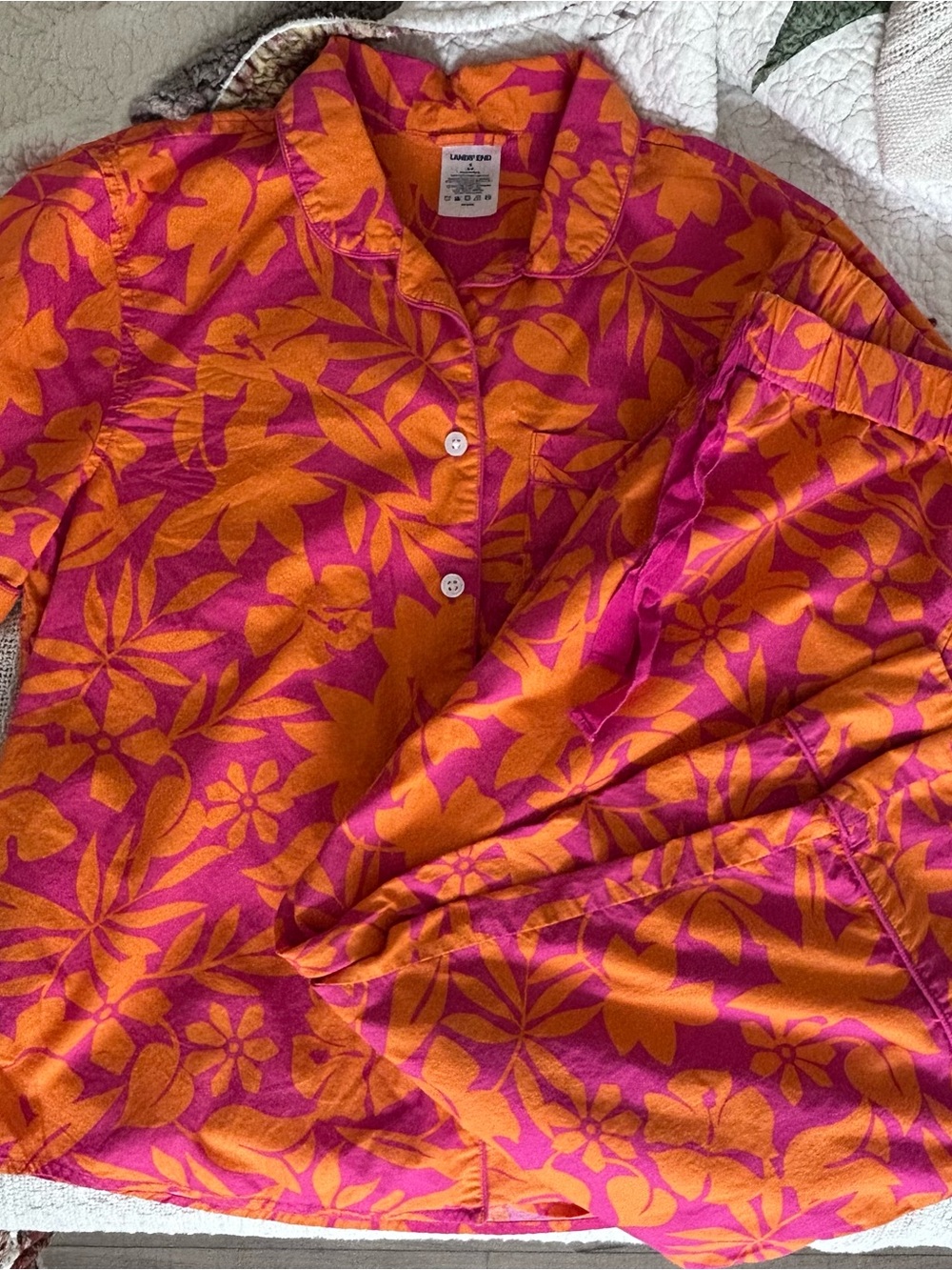 Lands' End Girls' Bright Floral Button-Down in Pink & Orange